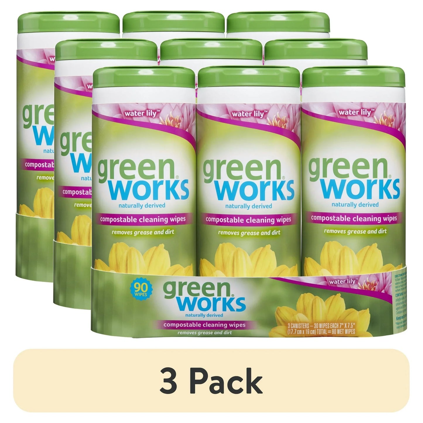 (3 pack) Green Works Compostable Cleaning Wipes, Biodegradable Cleaning Wipes - Water Lily, 30 ct